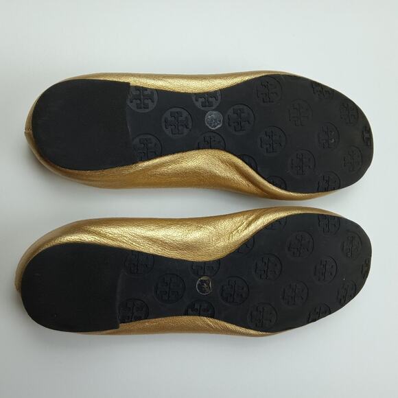 Tory Burch Logo Spark Gold Leather Minnie Travel Ballet Flats Size 5.5M - Picture 13 of 13